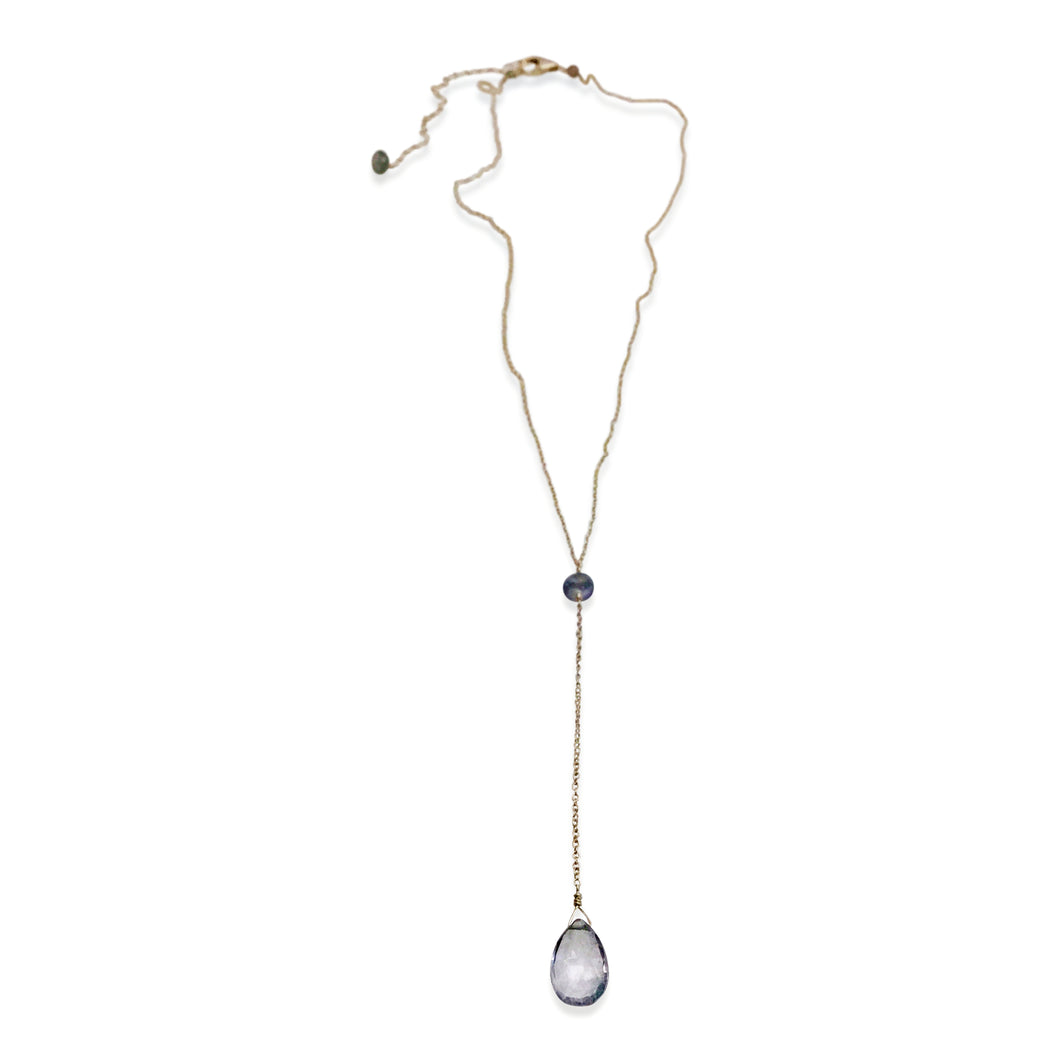 STEEL BLUE QUARTZ AND SAPPHIRE SIMPLE DROP NECKLACE