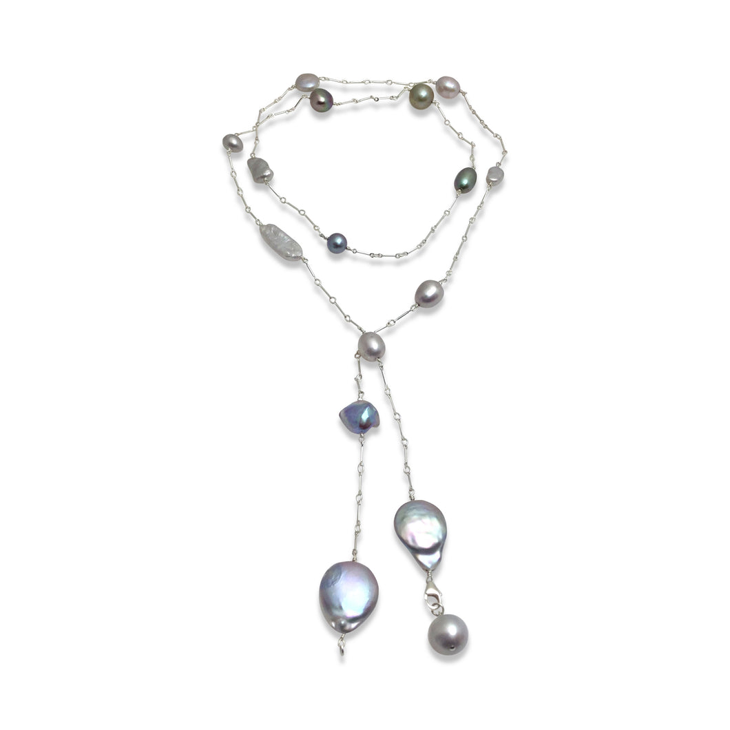 PLATINUM GREY PEARL SIMPLE LUX LONG LARIAT NECKLACE