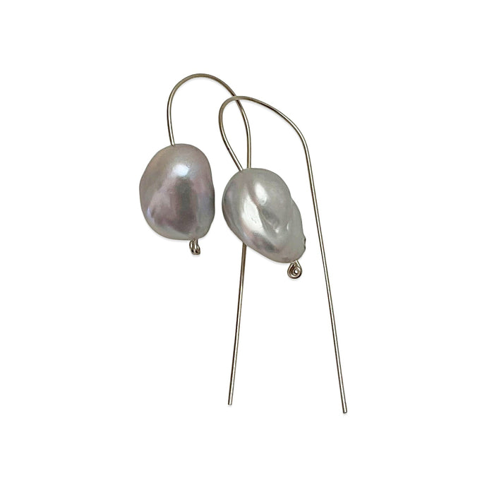 EXTRA LARGE GREY BAROQUE PEARL LONG WIRE EARRINGS