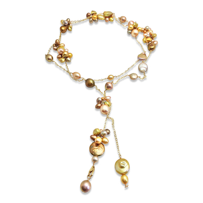 BRONZE PEARL TEXTURED LONG LARIAT NECKLACE