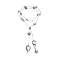 PLATINUM GREY PEARL SIMPLE LUX LONG LARIAT NECKLACE