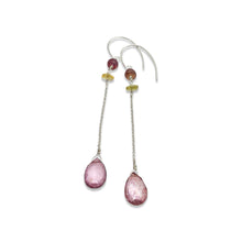 MULTI COLORED SAPPHIRE AND ROSE PINK QUARTZ LONG DROP EARRINGS